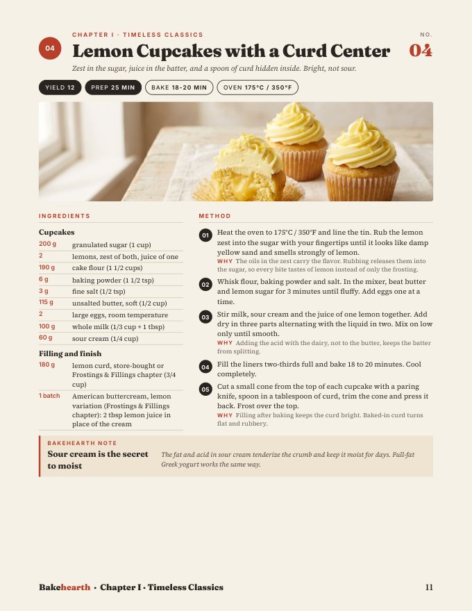 A recipe page with photo, ingredients in grams and cups, method with Why notes