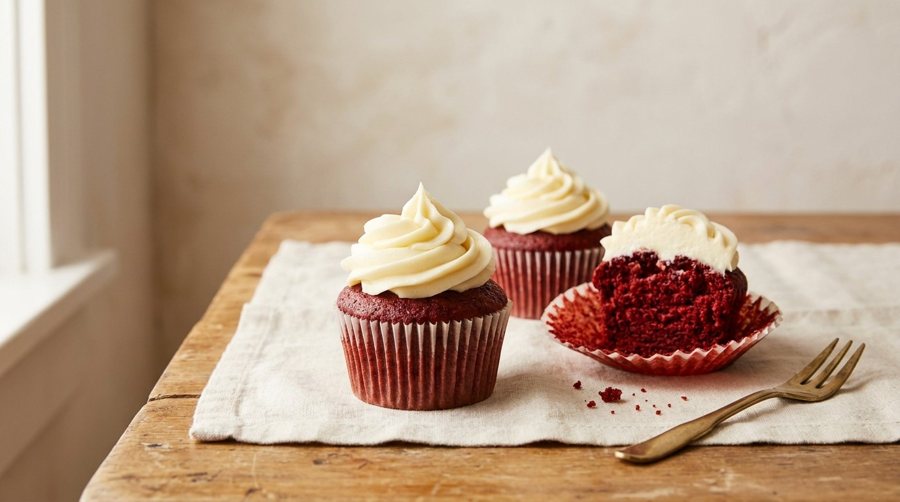 Red velvet cupcakes, one cut to show the crumb